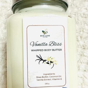 Jar of Vanilla Bliss whipped body butter placed on a soft white surface.