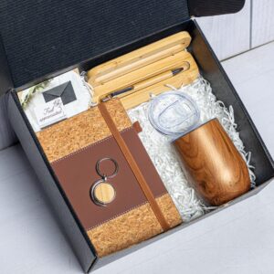 Corporate gift set with insulated bottle notebook pen cork coaster and accessories in a brown and silver