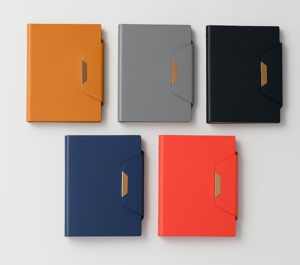 A line-up of seven professional notebooks in colors including green, gray, blue, brown, red, and black, featuring a faux leather cover, contrast stitching, and a silver metal clasp closure