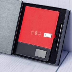 Smart notebook with built in powerbank wireless charging and storage features for work and gifting