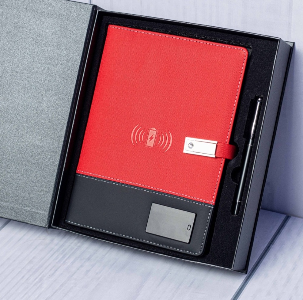 Smart notebook with built in powerbank wireless charging and storage features for work and gifting